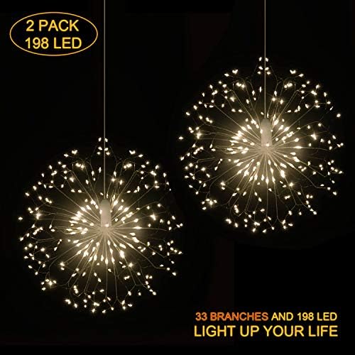 Hensun String, 8 Modes Dimmable with Remote Control, Battery Operated Hanging Starburst 198 LED IP44 Waterproof, Decorative Wire Lights for Parties, Warm White Pack