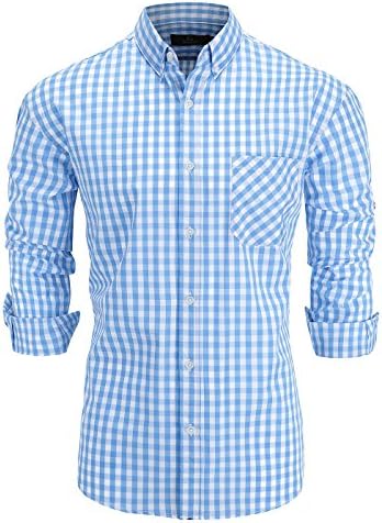 Emiqude Men's 100% Cotton Regular Fit Long Sleeve Button Down Plaid Dress Shirt