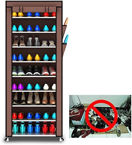 CYM 10 Tiers Shoe Rack with Dustproof Cover Closet Shoe Storage Cabinet Organizer, Can Put 27 Shoes More | 67x23x11-Inch (Brown)