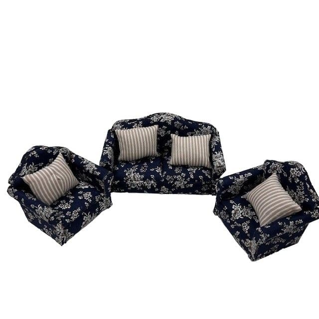Dolls House Dark Blue Floral Living Room Suite, 2 Armchairs, Sofa, Cushions 1:12 Scale Miniatures | Minimum World