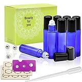 8, 10ml Cobalt Blue Glass Roller Bottles With Stainless Steel Roller Ball for Essential Oil by Mavogel - Include 3 Extra Roller ball, 12 Pieces Labels, Essential Oils Opener, 3ml Dropper