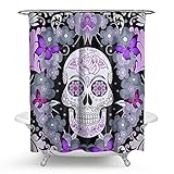HMWR Sugar Skull  Shower Curtain Purple Flower Butterfly Waterproof Polyester Fabric Bathroom Deco 72