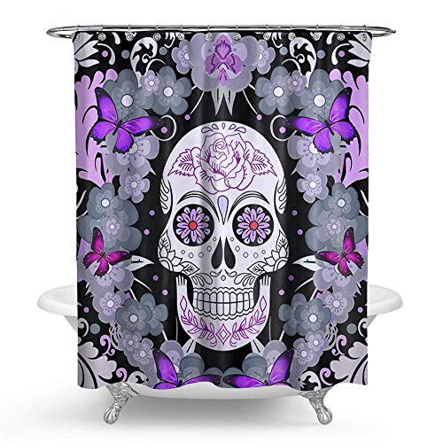 HMWR Sugar Skull  Shower Curtain Purple Flower Butterfly Waterproof Polyester Fabric Bathroom Deco 72