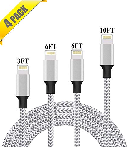 iPhone Charger, Lightning Cable, 4Pack 3FT 6FT 6FT 10FT to USB Syncing Data and Nylon Braided Cord Charger Compatible with iPhone/XS/XR/X/8/8 Plus/7/7 Plus/6S/6 Plus/iPad iPod More (Silver&Gray)