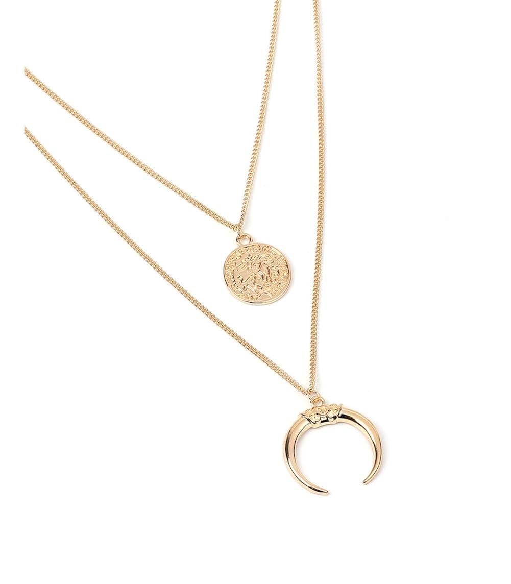 Eoumy Layered Gold Moon Necklace for Women Dainty Long Chain Moon Coin Y-Necklace Gold Crescent Full Moon Pendant Necklace