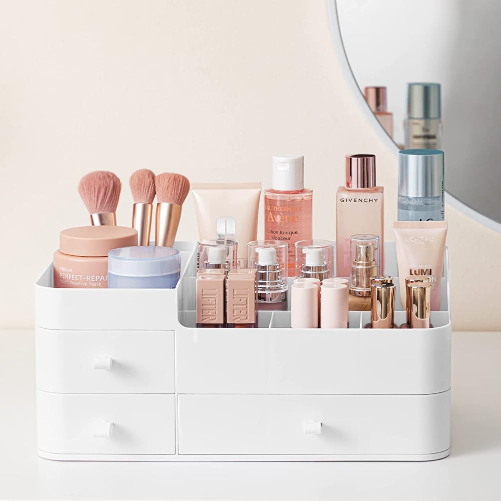 BTGGG Makeup Organiser With Drawers White Cosmetic Skincare Organisers With 12 Slots Lipstick Organisers Makeup Storage Box for Desktop Bathroom Gifts For Women 33.5 * 20.5 * 14.5CM