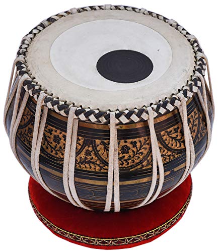 Tabla Drum Set, 2.5 Kg Black Painted Designer Brass Bayan, Beautiful Look, Sheesham Wood Dayan, Hand Made Drum Skin, Camel Leather Strap to Tune, Comes with Tuning Hammer, Gig Bag, Cushion & Cover - Thumbnail 2