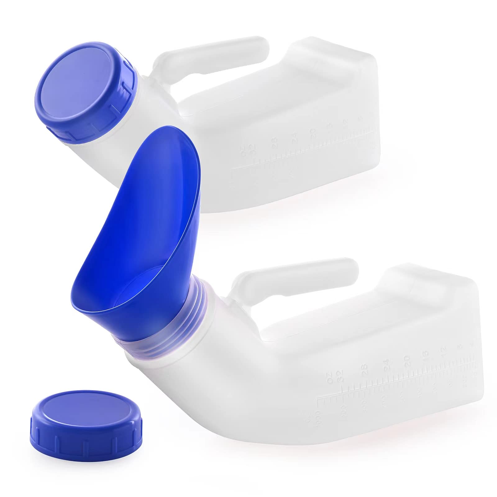 fonice 2 Pack Unisex Urinals, Plastic Urine Bottles for Men and Women, SpillProof Screw Cap Lid, Portable Toilet Urinals Ideal for Car Travel Outdoor (2x Urinal - White and Blue)