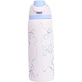 304 Stainless Steel Fitness Sports Vacuum Bottle with handle and straw, Large Capacity Macaron Thermal Mug /16/19/24/32 oz (blue bow,32)
