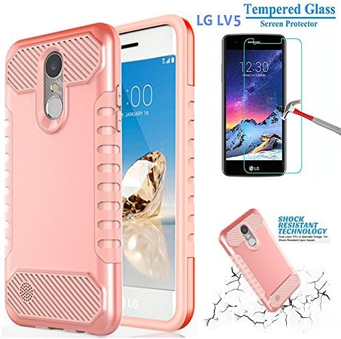 LG K10 (2017) Case, LG K20 Plus Case, LG LV5 Case, L00KLY [Slim Fit] Dual Layer Hybrid Shockproof Armor [Hard PC Back Cover + TPU Bumper] Case Cover with Tempered Glass Screen Protector (Rose Gold)