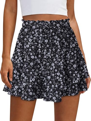BETTE BOUTIK Womens Fashion Summer Tennis Skorts Chiffon Boho Flowy Ruffle Loose Dressy Casual Beach Shorts Comfy Vacation Drawstring Mini Skirt Black Little Flower S at Amazon
