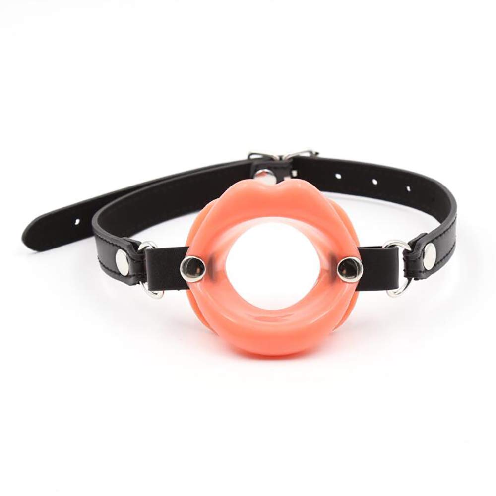 Open O Soft Silicone Black Leather Mouth Aligner Lip Shape Toy Mouth Plug Ball for Couples (Orange)