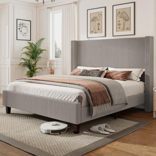 Jocisland King Size Upholstered Platform Bed Frame, 50.8" Corduroy Bed Frame with Wingback Headboard Vertical Tufted, Solid Wood Legs, No Box Spring Needed, Taupe