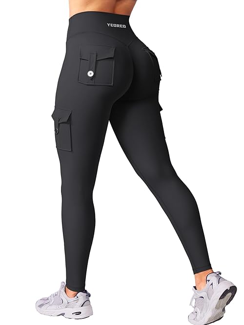 YEOREO CoreFlex Workout Cargo Leggings with Pockets for Women Hidden Scrunch Butt Lifting Leggings Gym Yoga Pants Black M