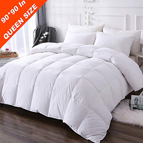 DOWNCOOL 100% Cotton Quilted Down Comforter with Corner Tabs - White Goose Duck Down Feather Filling - Lightweight and Medium Warmth Box Stitched All-Season Duvet Insert - Queen/Full