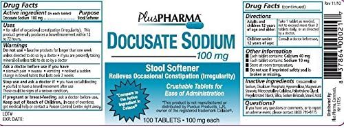 Docucate Sodium 100 Mg Crushable Tablets for Gentle, Reliable Relief From Occasional Constipation Generic for Colace Crushable 100 Tablets Per Bottle Pack of 3 Bottles Total 300 Tablets