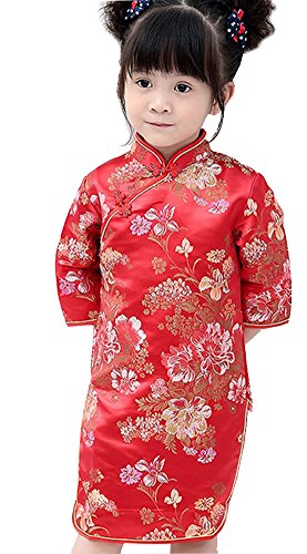 Soyoo 1t-12 Girls' Brocade Chinese Dress Half Sleeve Red Peony