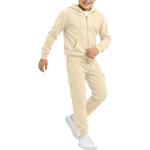 Boys Zip up 2 Piece Tracksuit Girls School Solid Sweatsuit Soft Athletic Hooded Sweatshirt Cargo Jogger Sweatpants