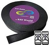 333 World Polypro Webbing Strap for Bags, Backpacks, Handles, Luggage, Belts, Climbing Harnesses, Slings, Collars, Tow Ropes. FREE with 2 pcs. Plastic Buckles. (Black 7869 1.5