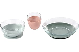 BEABA 3-Piece Duralex Glass Meal Set with Silicone Suction, Toddler Plate and Baby Bowls with Suction, Non Slip Kids Dinnerware Set, 2.5x Stronger than Regular Glass, Eucalyptus