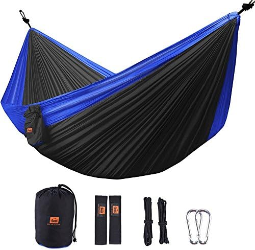 Double Camping Hammocks,Outtr Nylon Fabric Parachute Outdoor Travel Portable Hammocks with Straps, Ropes &amp; Carabiners (Black/Blue)