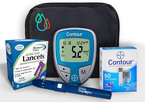 Raindrop USA - Simple Diagnostics &amp; Contour Diabetes Blood Glucose Testing Kit: METER, 50 Test Strips, 100 Lancets, Lancing Device, &amp; Carry Case (50 Test Strips)