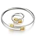 COOLSTEELANDBEYOND Ladies Elastic Adjustable Steel Twisted Cable Bangle Bracelet and Ring with White Pearl