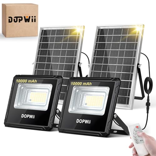 Dopwii Lamparas Solares Exterior 10000mAh, Luces Solares para Exterior Jardin, Panel Solar Bifacial con Absorción de Luz de 360°, Lámpara Solar con 4 Modos de Iluminación y Mando a Distancia(2 Piezas)