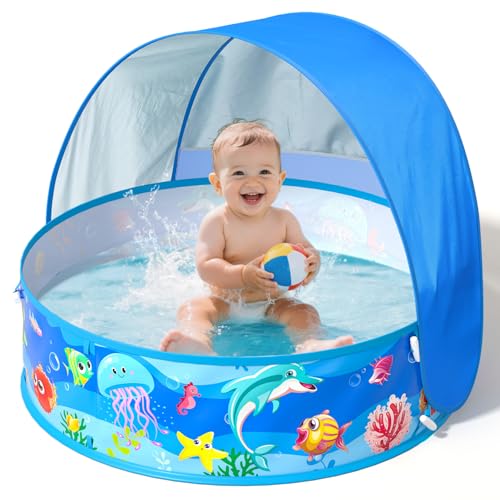 Baby Paddling Pool with Roof, Pop-Up Beach Shelter, Baby UV Protection 50+ with Storage Bag, 4-in-1 Portable Baby Pool with Sun Protection, Summer Must-Haves for Beach, Holiday, Camping and Picnic