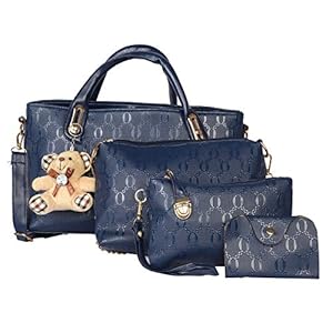 NFI essentials Women’s PU 4 Pieces Handbag Shoulder Bag Tote Clutch Set (Blue)