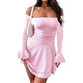 ABINGOO Women Off Shoulder Ruched Mini Dress Sexy Long Sleeve Ruffle Tiered Flowy Tube A Line Dress Fall Bodycon Short Dress