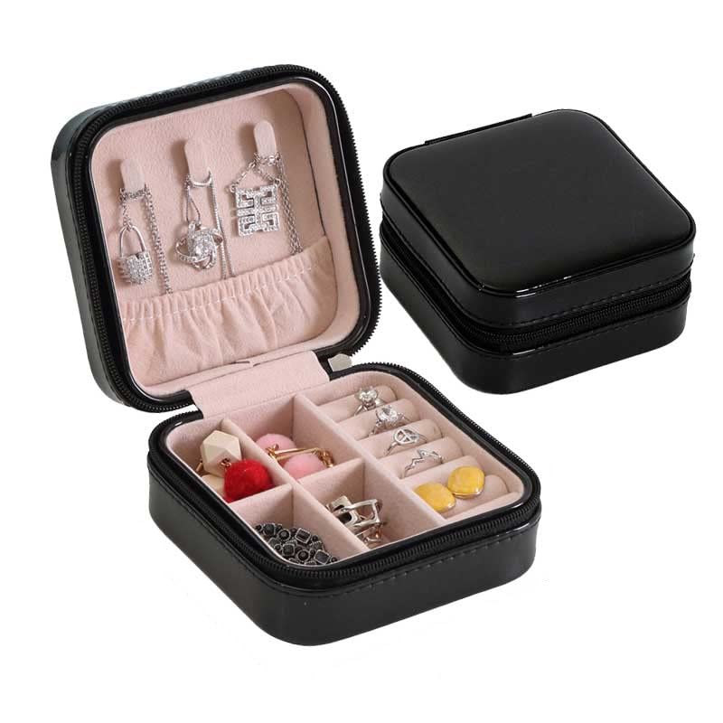 Travel Size Jewellery Box Organiser for Necklace Earrings Bracelets Rings Accessories Leather for Women Girls Teens (Black)