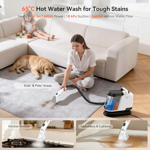 Uwant Y100 Steam 3-in-1 Carpet Spot Cleaner, 18Kpa 1750W 100℃ Steam/65℃ Hot/Cold Modes, Handheld Upholstery Cleaner Machine for Spills/Pet Messes/Sofa/Car/Stairs, Self-Cleaning Function Dual 1.2L Tank