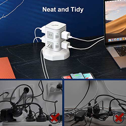 bedee Tower Extension Lead, Surge Protector Extension Lead with 4 USB Slots and 6 Outlet Plugs, Power Strip Tower with 10W Fast Wireless Charger, 6ft Extension Cable