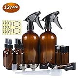 12 Pack Amber Glass Essential Oil Bottle Kits - 2 Pack 16oz & 4 Pack 2oz Spray Bottles & 6 Pack 10ml Roller Bottles for Essential Oils or Cleaning Agent. Labels, Droppers, Funnels and Lids Included