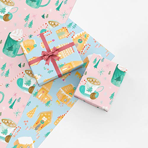 Cozy Hot Chocolate and Gingerbread Houses Christmas Gift Wrap Collection, 8 Folded Sheets of Wrapping Paper from Watercolor Paintings, Easy to Store Folded Gift Wrap, Made in America by REVEL & Co