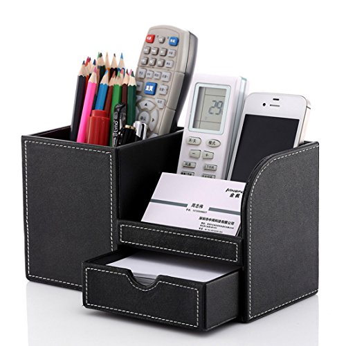 Zubita Multi-Functional Pencil Holder, Office Desk Organizer PU Leather and Wood Business Cards Holder and Pen Container Desk Supplies Organizer for Pens Pencils Mobile Phone and Cards ( Black ) - Thumbnail 4