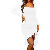 OKIFOIR Square Neck Sexy Bodycon Midi Dress for Women Long Sleeve Ruffle Hem Cocktail Party Dresses 2025