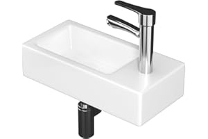 AmpleCharmic Wall Mounted Sink for Small Bathroom with Faucet & Drain, 14.5'' x 7.3'' Ceramic Rectangular Wash Basin, Right Hand(White)