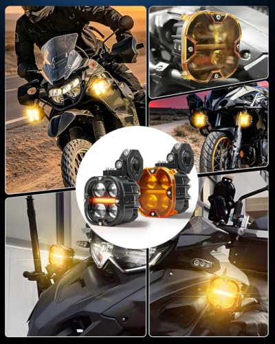 BraveWAY Additional Motorcycle Headlights 3 Inch 130W 14800LM DRL Amber Strobe Function Beam Combin Yellow Covers U-Bracket and Tubular Cable Harness