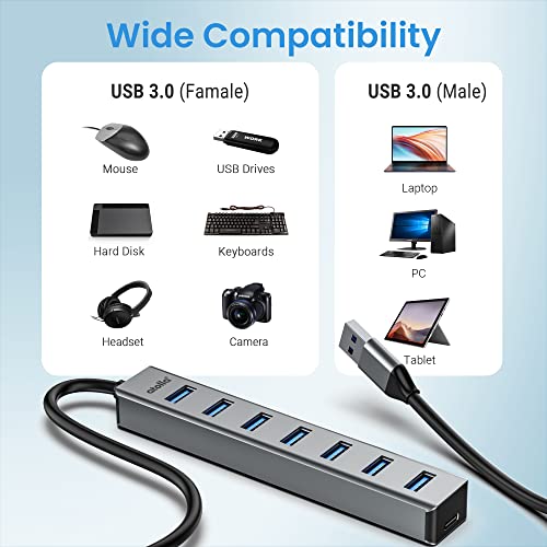 atolla Hub USB 3.0, 7 Puertos Multi USB Hub de Aluminio | Cable de Extensión de 1m Adaptador USB para PC, Portátil, Macbook Pro y más