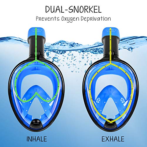 TOMOUNT Full Face Snorkel Mask - Dual-Snorkel for Easier Breathing, Shatterproof PC design, 180 degree viewing window, Anti-Fog & Anti-Leak, Skin Diving Snorkel Mask Full Face for Adult and Youth, L