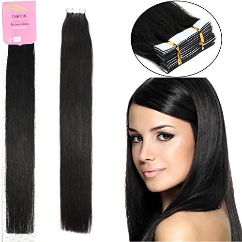 habis Remy Human Hair Extensions Tape In Straight Hair 20pcs#1B 16''