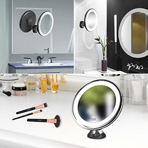 BESTOPE Makeup Mirror 10x Magnifying 16 Led Vanity Mirror with 360°Rotation Locking Suction, Battery Operated, Cordless Portable Natural Dimmable Bathroom Mirror