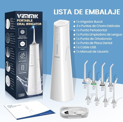 Irrigador oral portátil, irrigador dental profissional sem fio vimmk 8 bicos 5 modos, ipx7 à prova d'água 300ml usb-c recarregável para limpeza de dentes, para casa e viagens (branco)