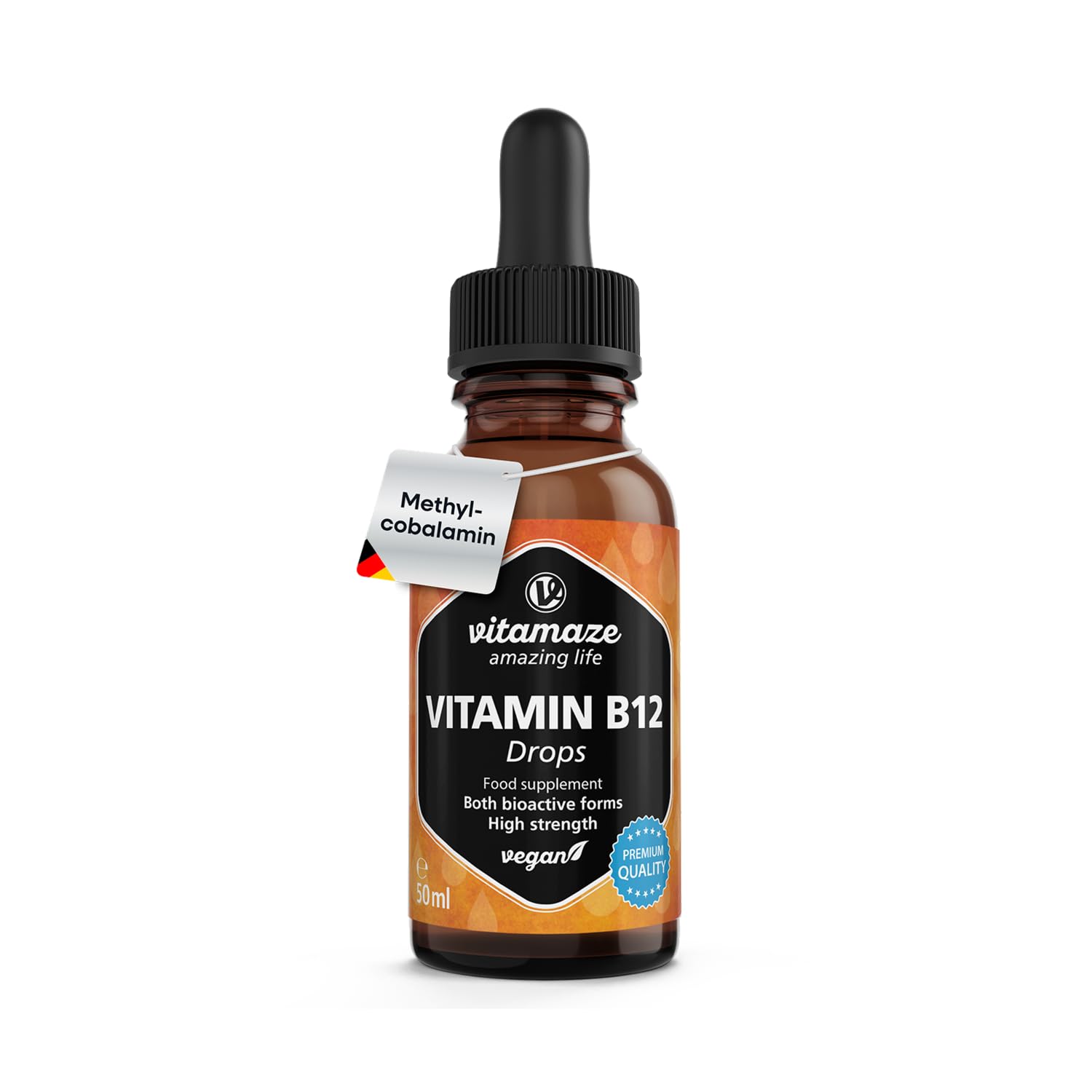 Vitamin B12 Drops 500 mcg, Vegan High Dose Drops, Methylcobalamin & Adenosylcobalamin Liquid, 50 ml (1700 Drops), Food Supplement Without Additives, High Bioavailability