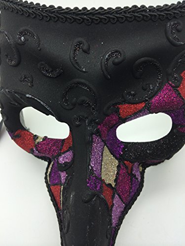 Laser Cut Medieval Plague Doctor Face Design Masquerade Halloween Mask - Black w/ Purple Glitter Checker Pattern