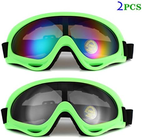 Ski Goggles Snowboard Adjustable UV Protective Motorcycle Riding Goggles for Men, Women &amp; Youth, With UV 400 Protection, Wind Resistance, Anti-Glare Lenses (Green Frame- Multicolor and Gray) …