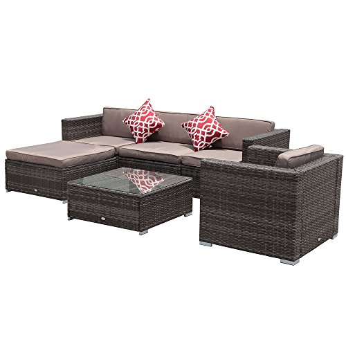 Super Patio 6pc Outdoor Rattan Sectional Furniture Set with Light Brown Seat and Back Cushions, ...