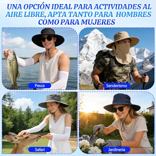 Yanlin 3pcs Sombrero Pesca Sol Protección, Sombrero para Sol UPF 50, con Gafas de Sol, Mangas de Protección Solar, Diseño Desmontable, Impermeable, para Actividades al Aire Iibre